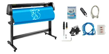 VEVOR vinyl cutter machine with accessories and blue vinyl featuring a cat design.