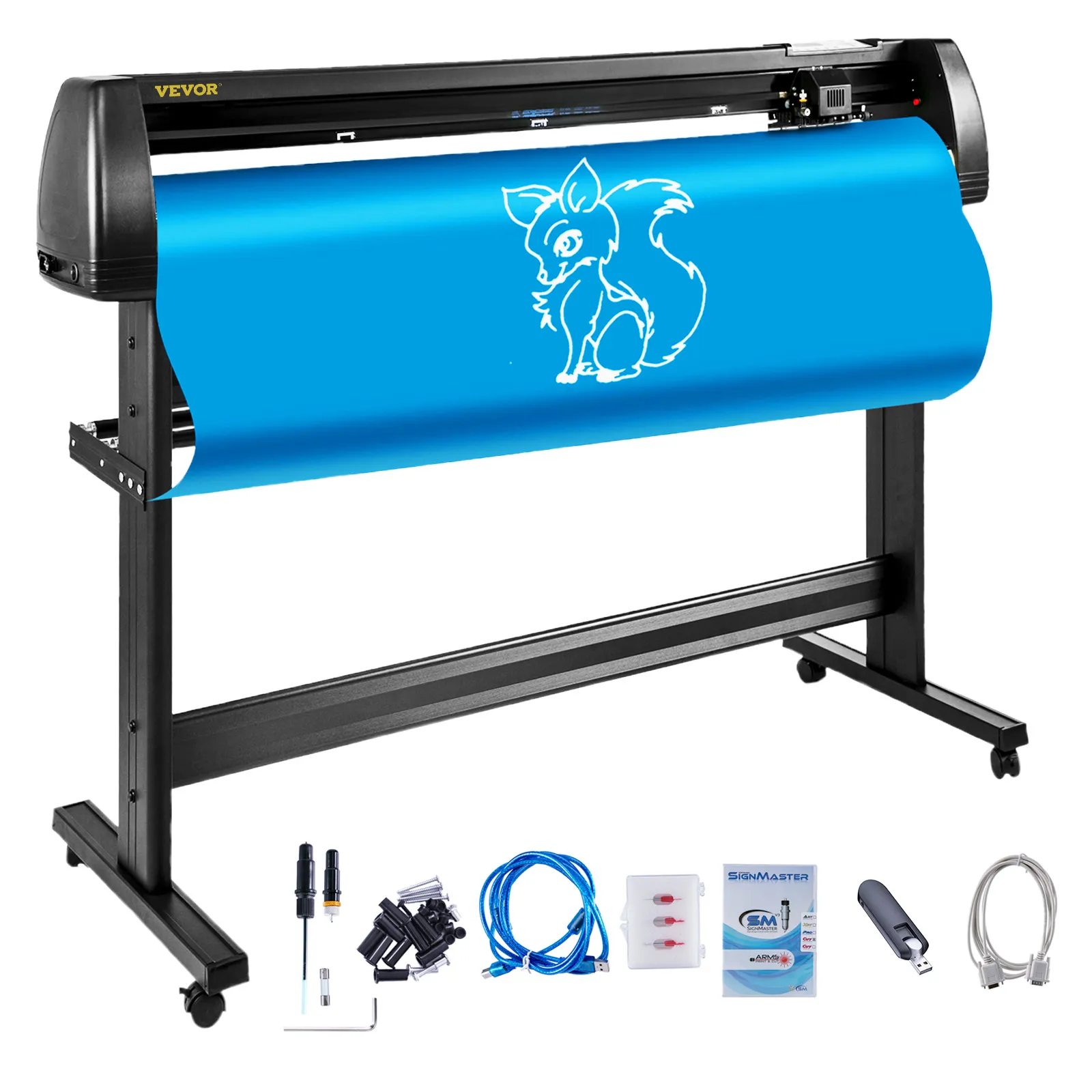 VEVOR vinyl cutter machine displaying a blue vinyl with a fox design and included accessories.