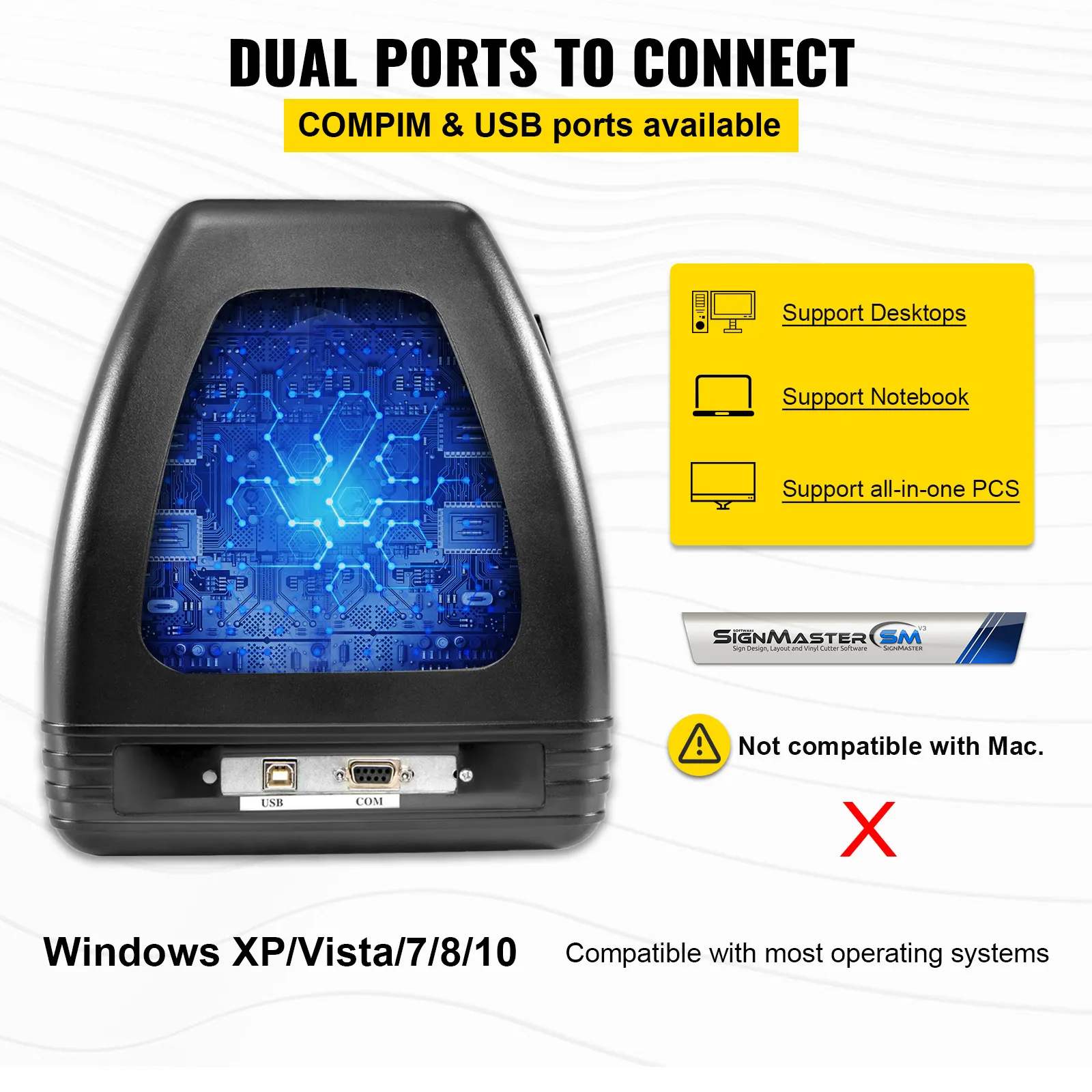 back of VEVOR vinyl cutter machine with com and usb ports, supports windows os.