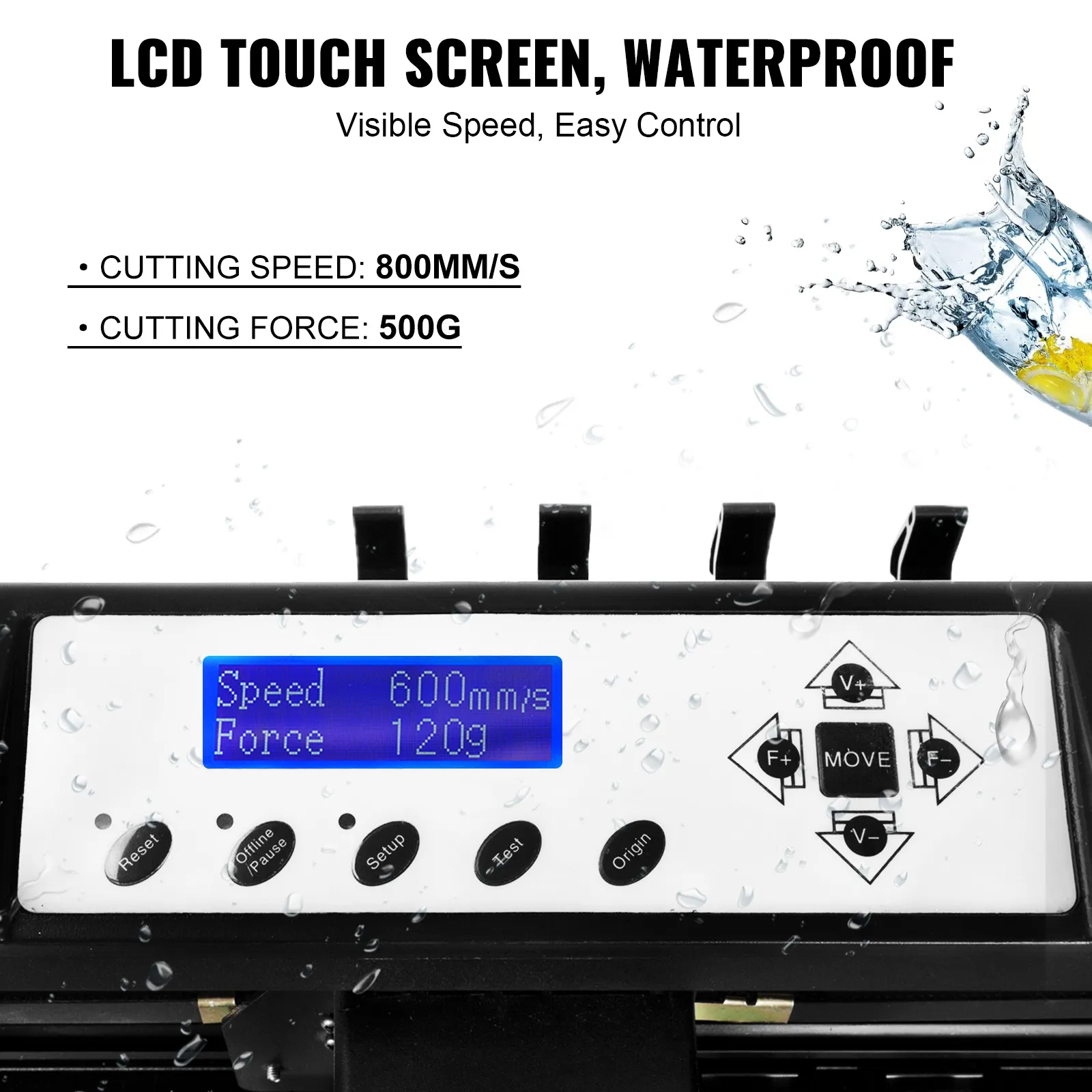 lcd touch screen of waterproof VEVOR vinyl cutter machine, showing speed and force settings.
