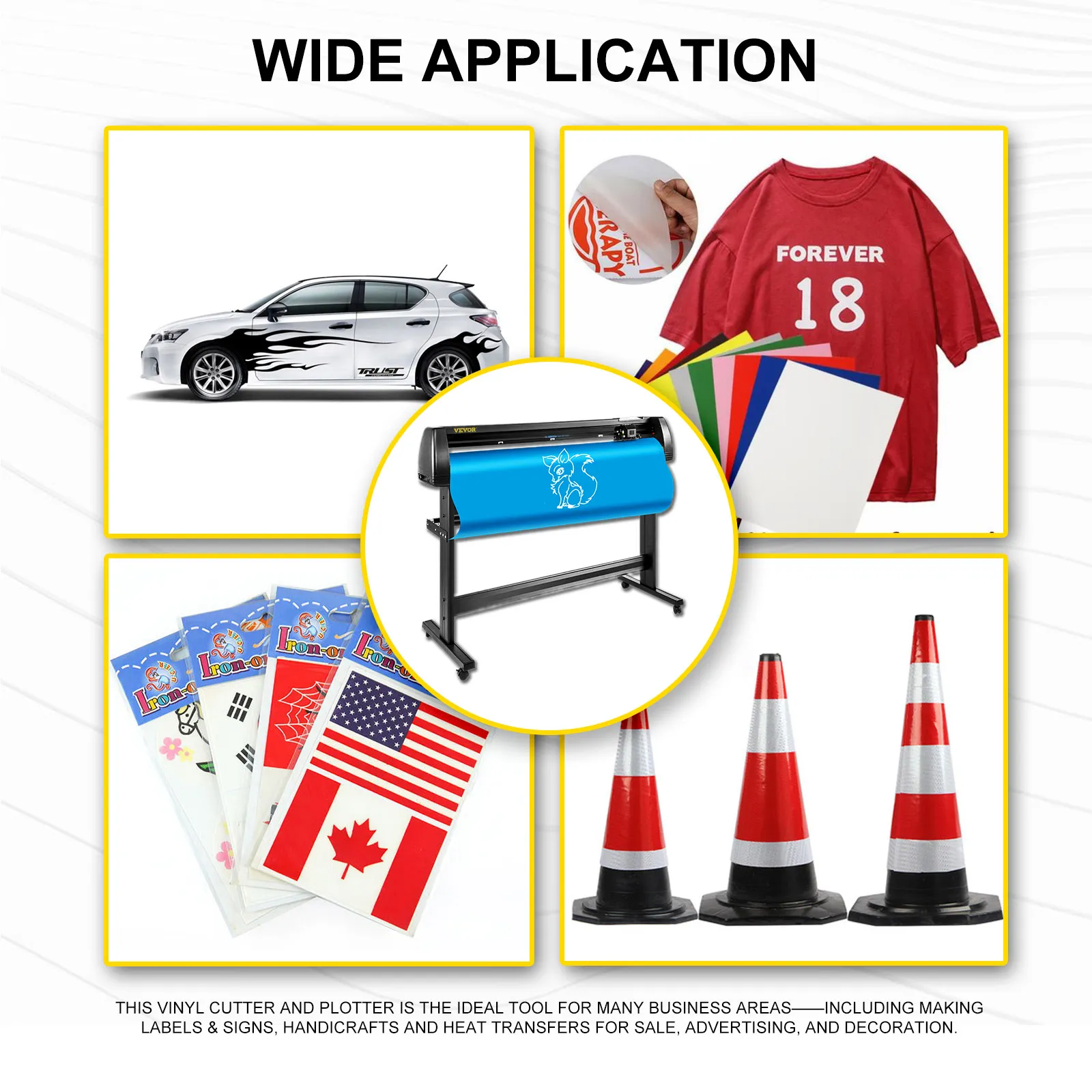 VEVOR vinyl cutter machine showcasing applications like car decals, shirts, flags, and signs.