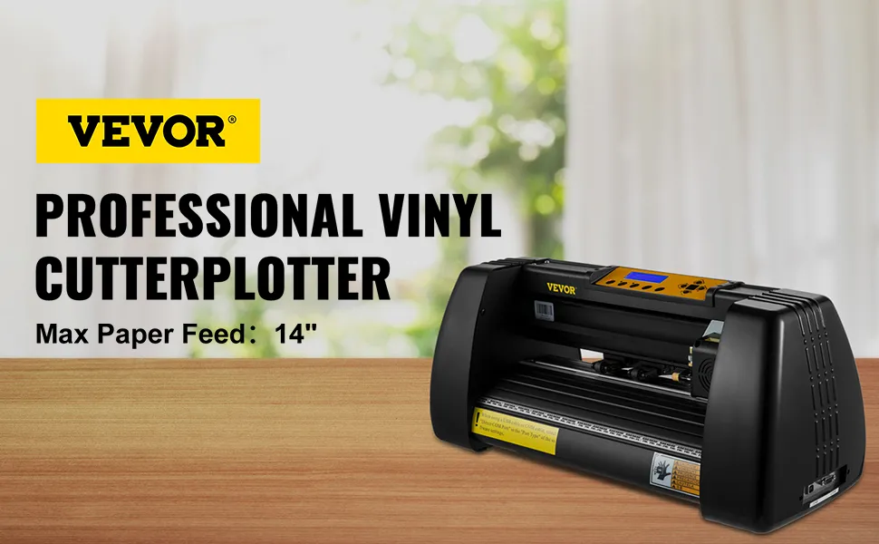 VEVOR-Vinyl-Schneideplotter auf einem Tisch mit unscharfem Hintergrund. Maximaler Papiervorschub: 14 Zoll.