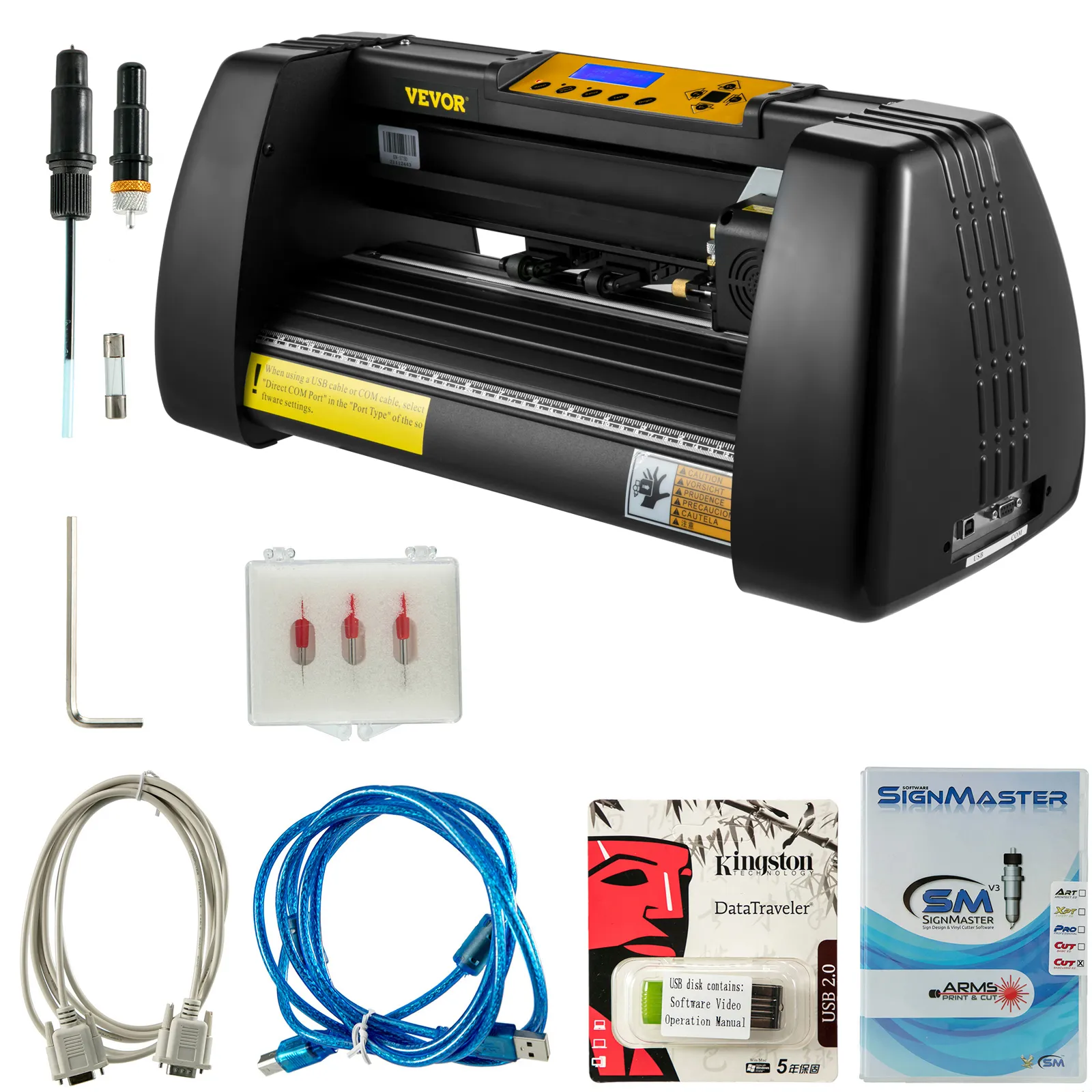 VEVOR-Vinylschneideplotter mit Zubehör, USB-Kabeln, Klingen und Softwarepaket.
