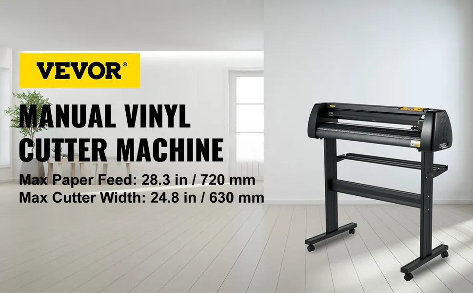 VEVOR vinyl cutter displayed in modern room, max paper feed 720mm, max cutter width 630mm.