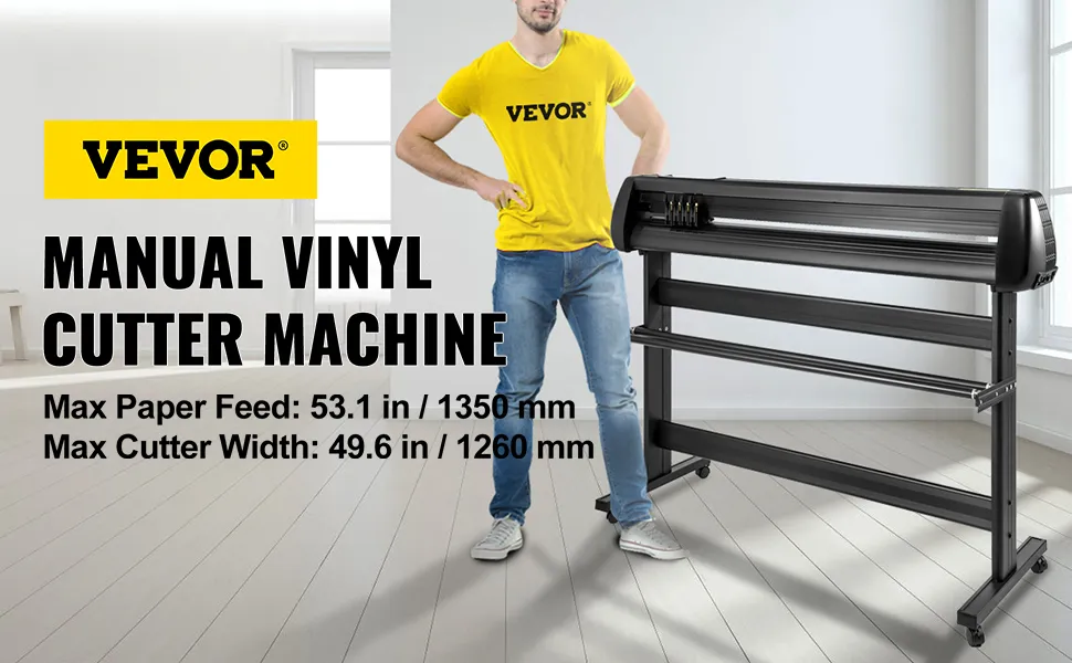 Taglierina per vinile VEVOR con avanzamento da 53,1 pollici e larghezza di taglio da 49,6 pollici, in un moderno spazio di lavoro.