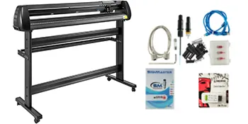 Taglierina per vinile VEVOR con supporto, cavi, lame e componenti software.