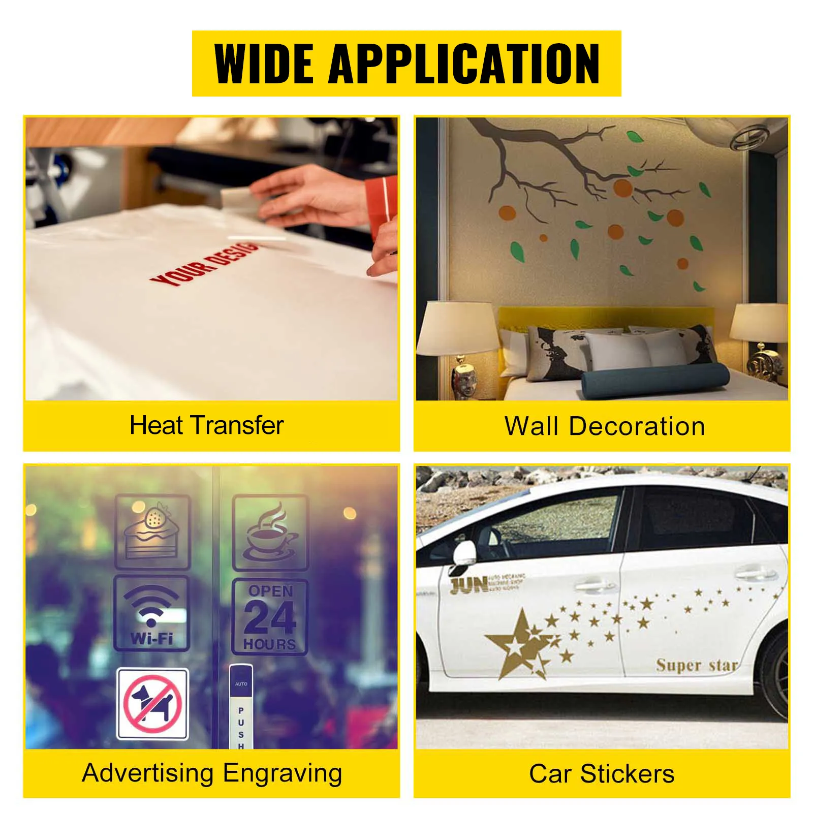Applicazioni del plotter da taglio VEVOR: trasferimento termico, decorazione murale, incisione pubblicitaria, adesivi per auto.