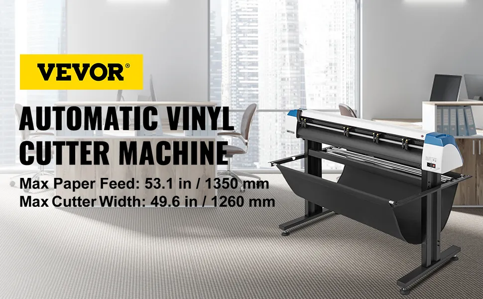 Cortadora de vinilo VEVOR en oficina moderna, con especificaciones de ancho de corte y alimentación máxima de papel.