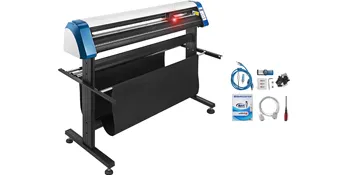 Cortadora de vinilo VEVOR con accesorios, azul y blanca, incluye cables y software.