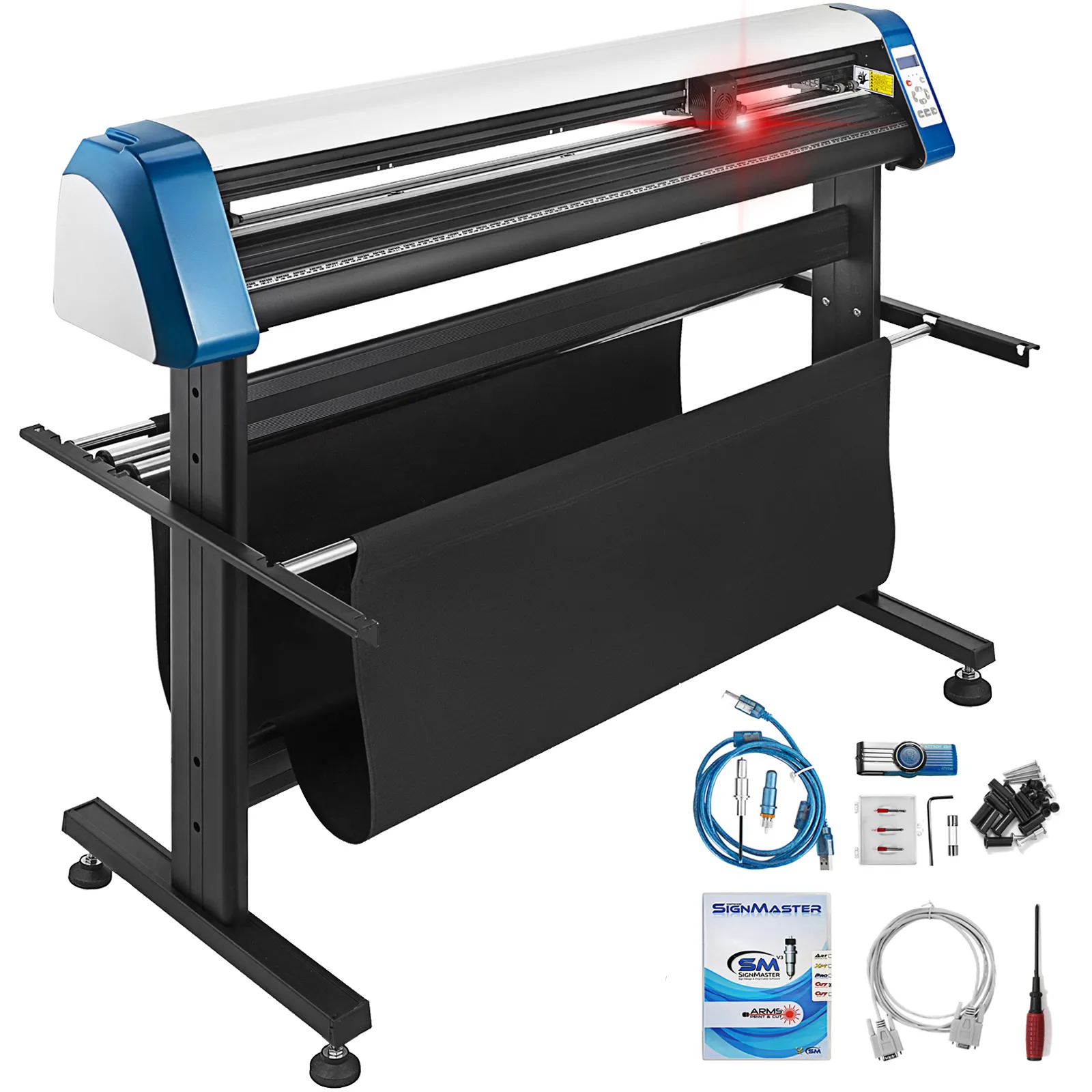 Cortadora de vinilo VEVOR en soporte con accesorios que incluyen cables, software y herramientas.
