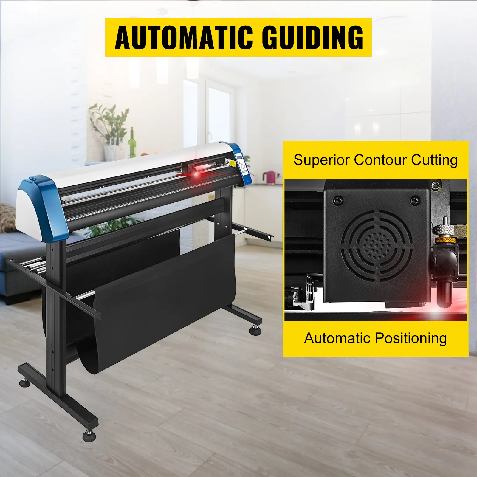 Cortadora de vinilo VEVOR con guiado automático y corte de contornos superior en una habitación moderna.