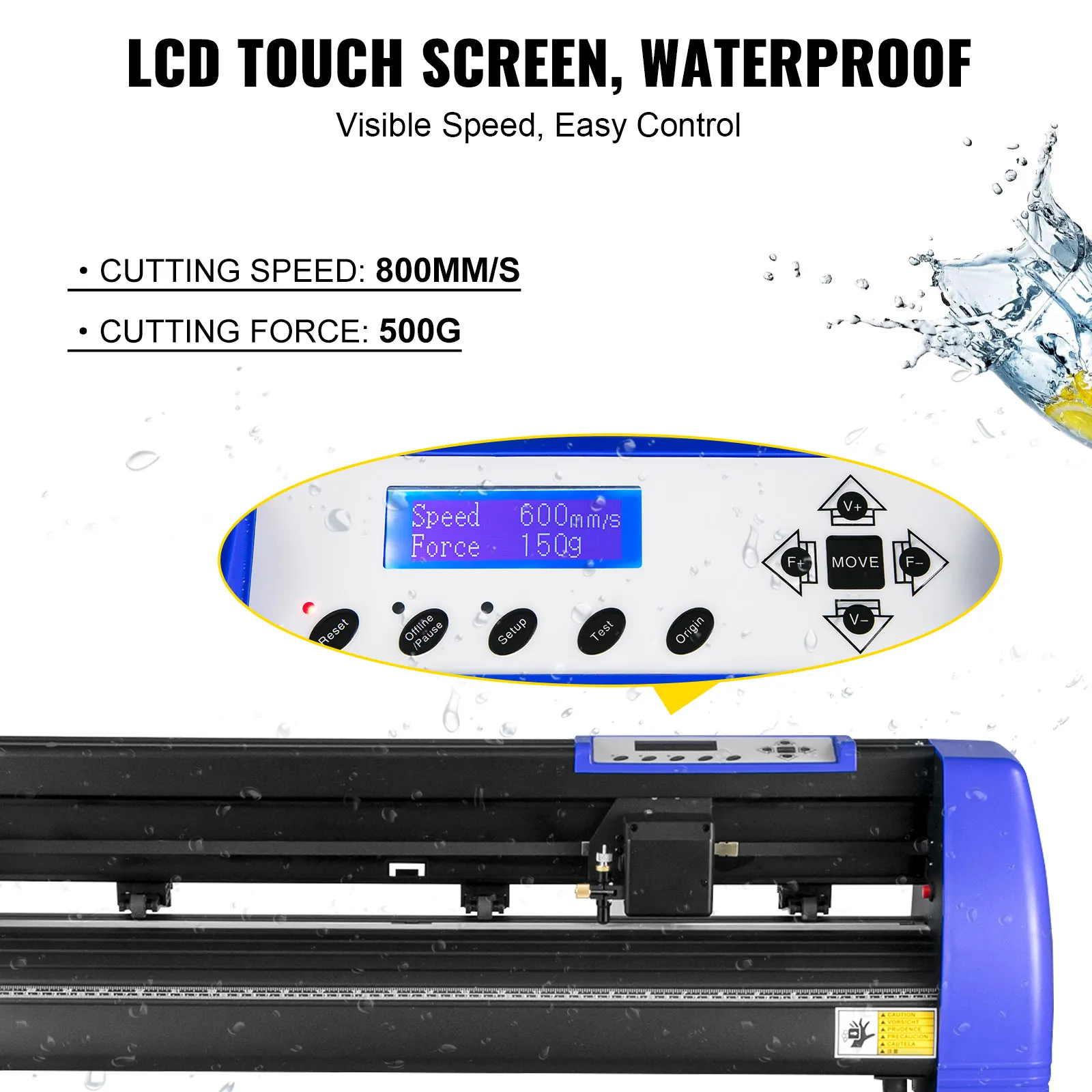 VEVOR vinyl cutter with waterproof lcd touchscreen, 800mm/s speed, and 500g force.