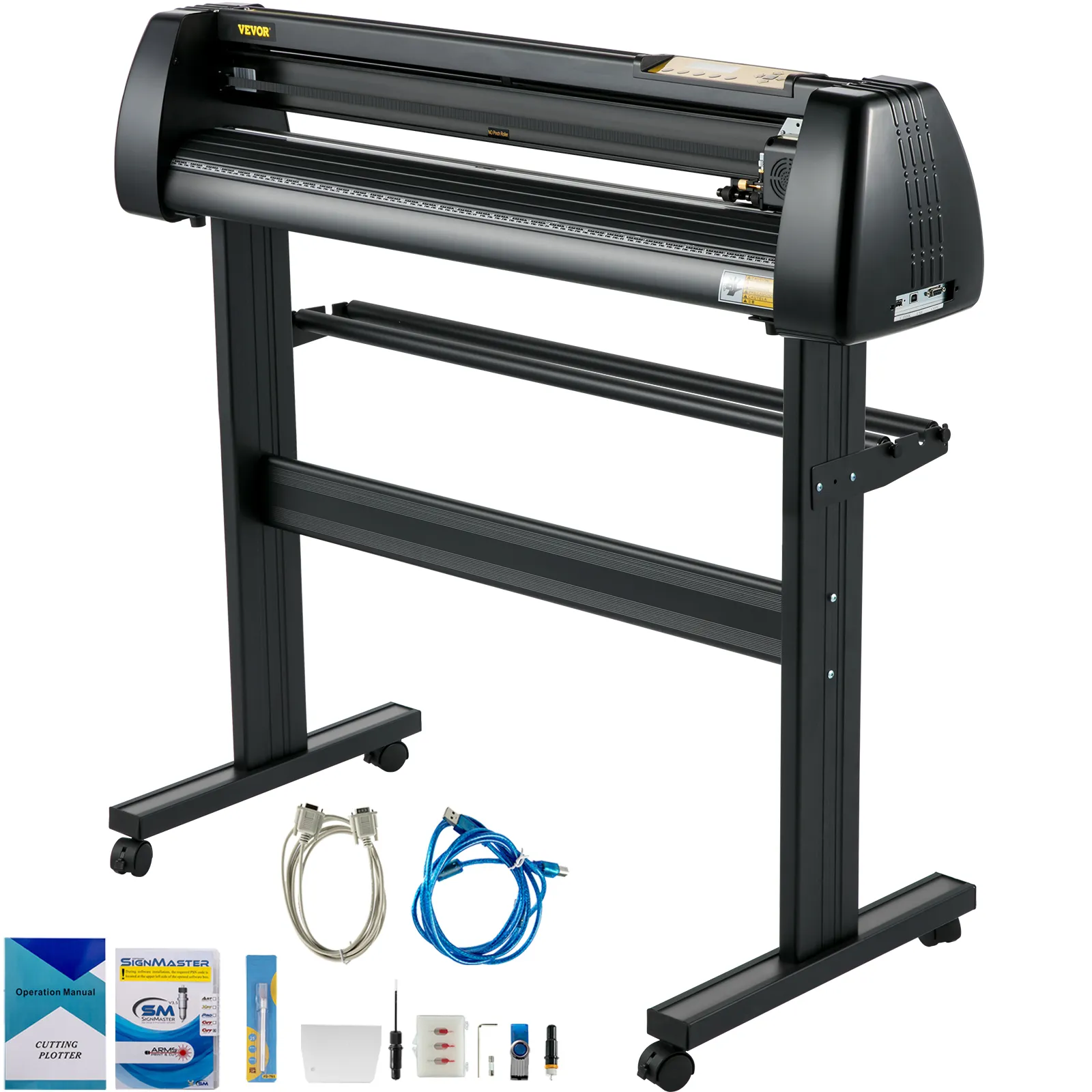 VEVOR vinyl cutter with stand and accessories including cables, blades, and manuals.