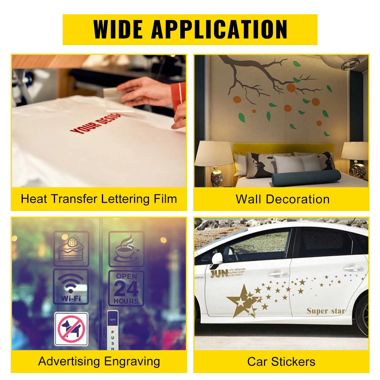 wide applications of VEVOR vinyl cutter: heat transfer, wall decor, engraving, car stickers.