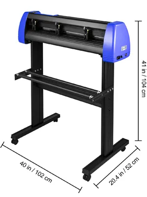 Máquina cortadora de vinilo VEVOR sobre soporte con dimensiones: 40x20,4x41 pulgadas.