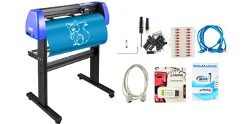 Máquina cortadora de vinilo VEVOR con accesorios, herramientas y cables mostrados.