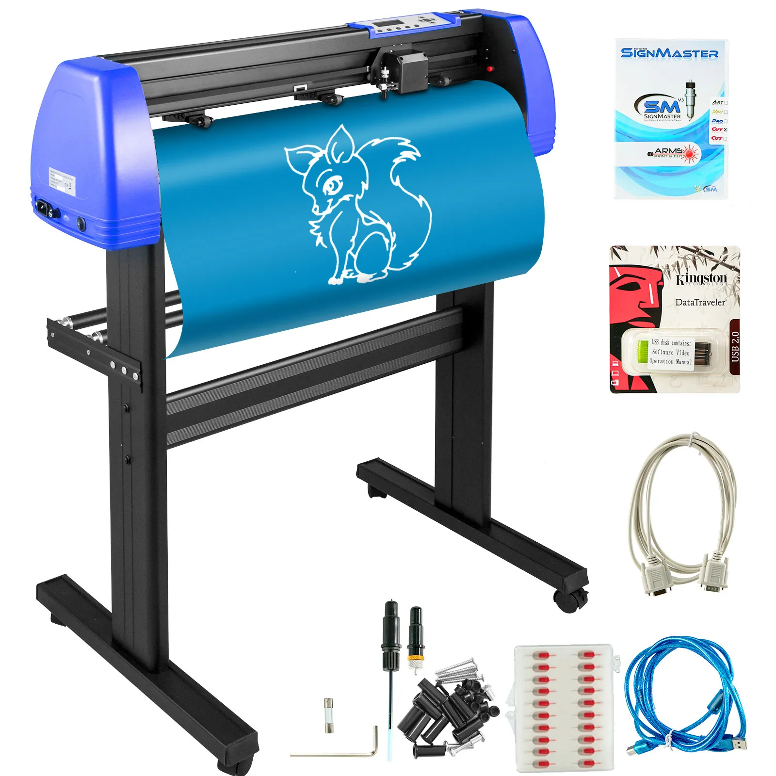 Máquina cortadora de vinilo VEVOR con accesorios y vinilo azul que muestra un dibujo de zorro.