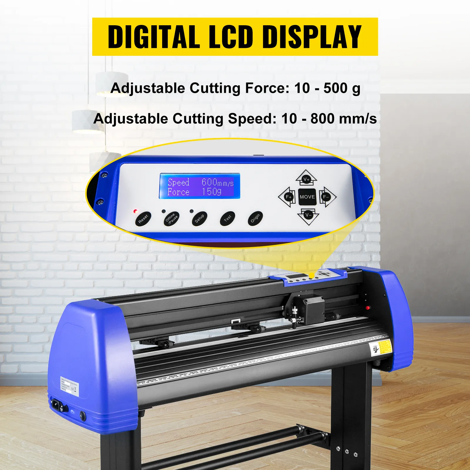 Máquina cortadora de vinilo VEVOR con pantalla LCD digital para fuerza de corte y velocidad ajustables.