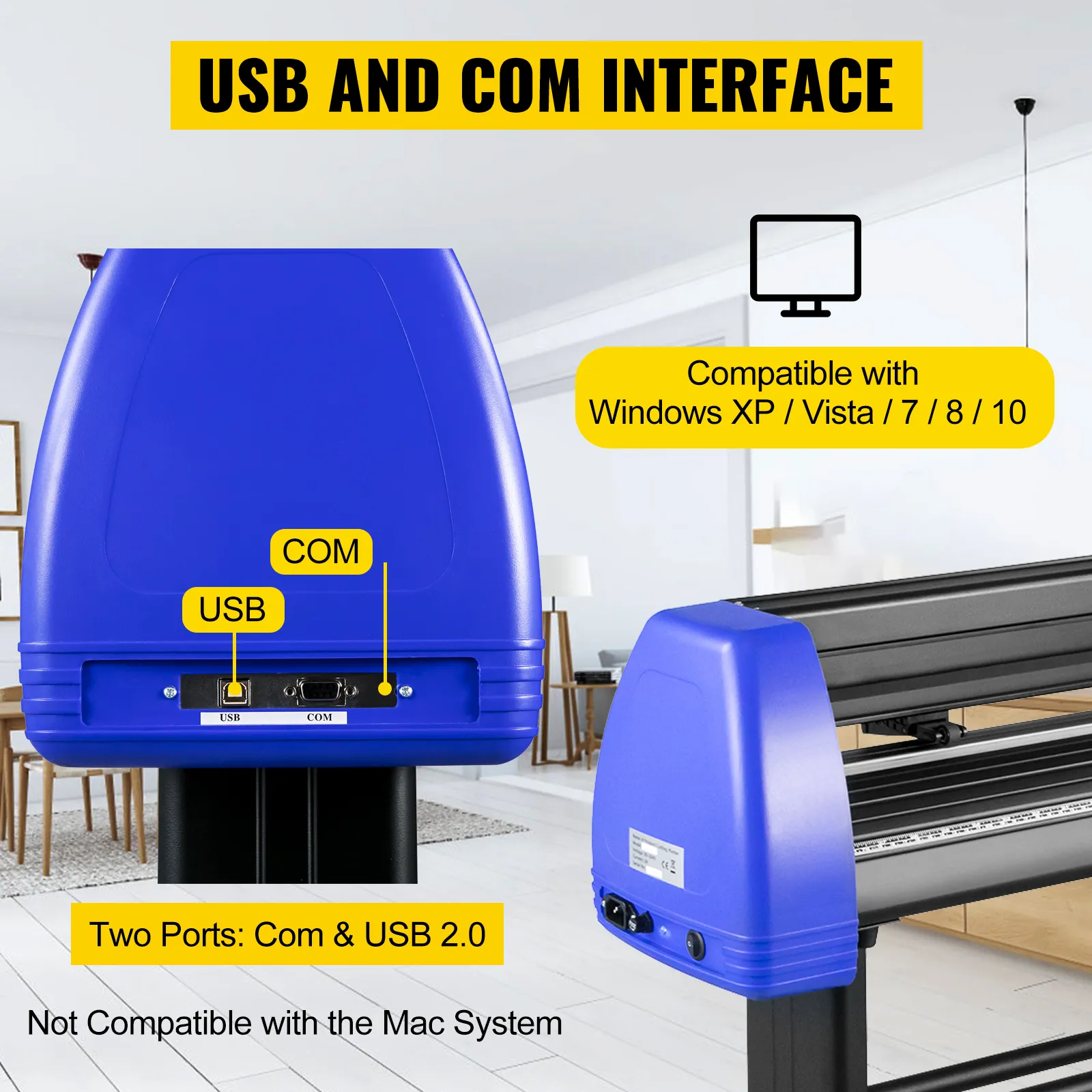 Máquina cortadora de vinilo VEVOR con puertos USB y COM, solo Windows, azul.