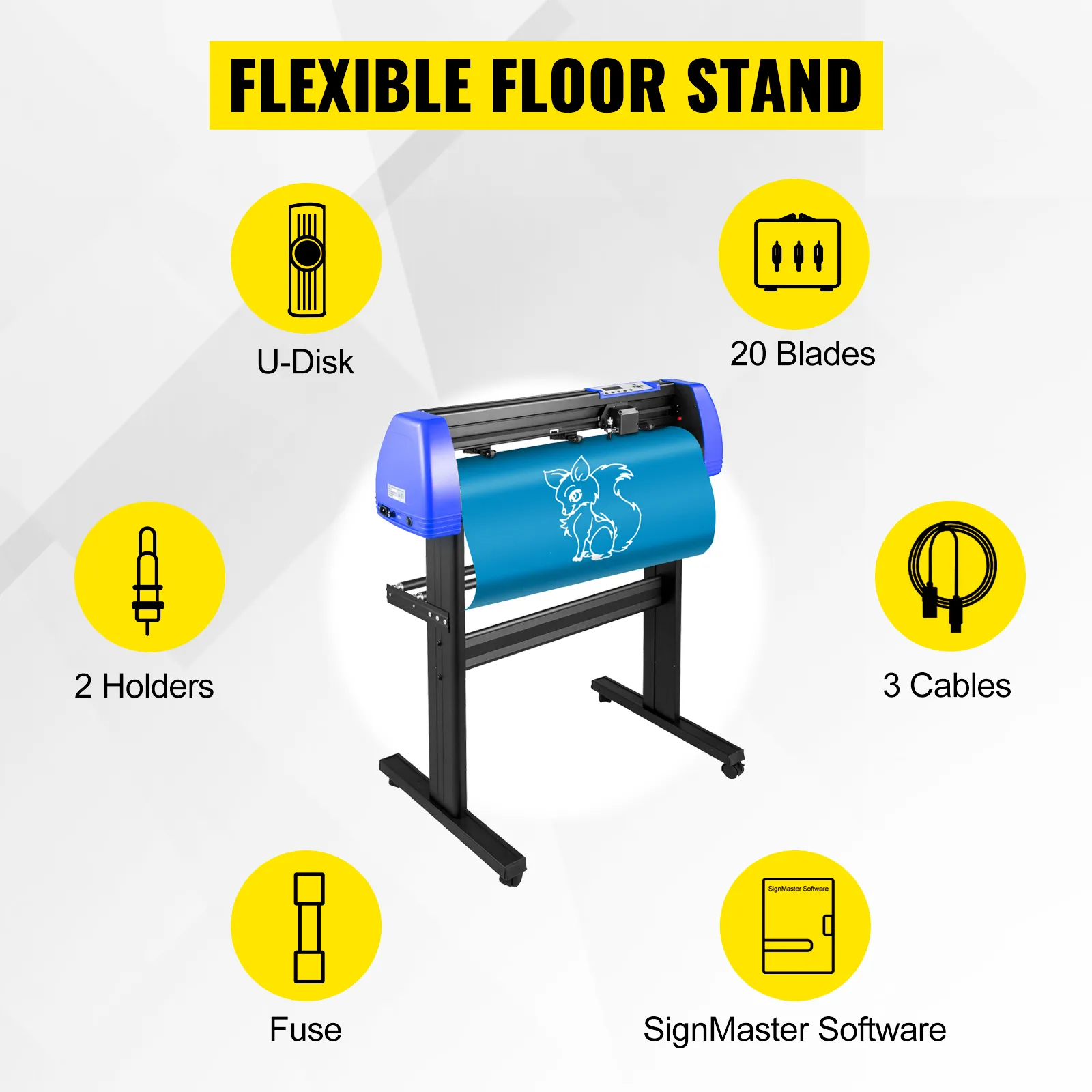 Máquina cortadora de vinilo VEVOR con soporte de suelo flexible, 20 cuchillas, 3 cables y software signmaster.