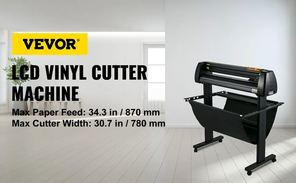 VEVOR vinyl cutter lcd machine in modern room with maximum paper feed and cutter width details.