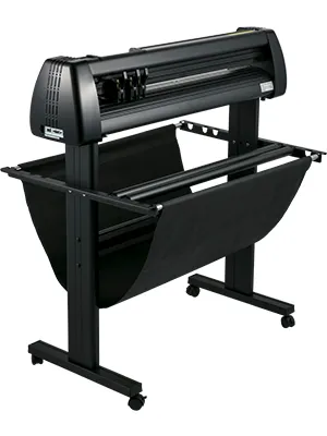 VEVOR vinyl cutter on black stand with media catch basket and cutting blade assembly.