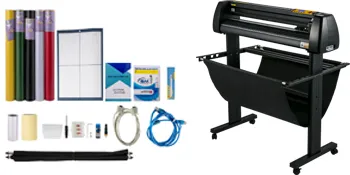 VEVOR vinyl cutter with accessories including rolls, cables, and software.