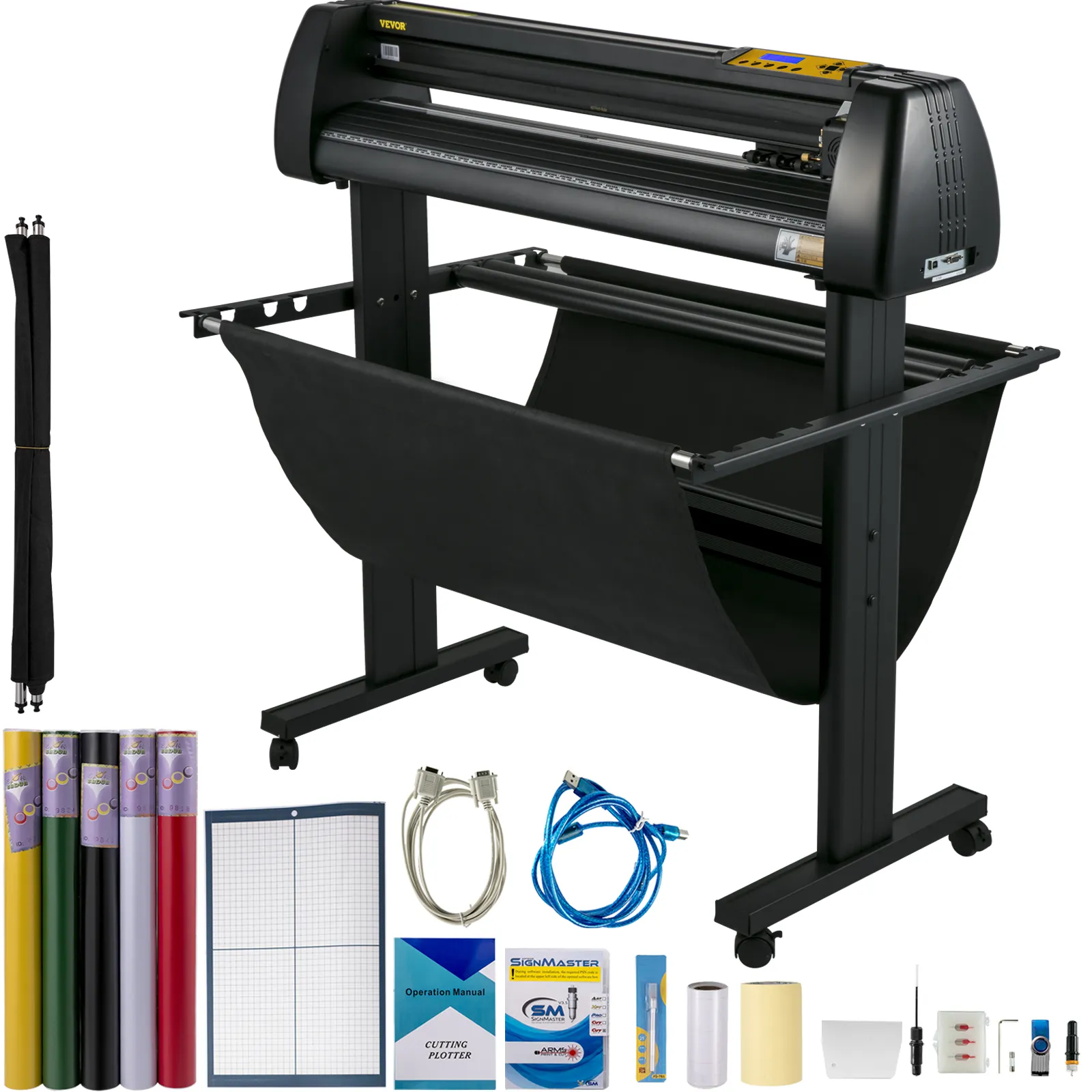 VEVOR vinyl cutter with accessories, including cables, software, and vinyl rolls.