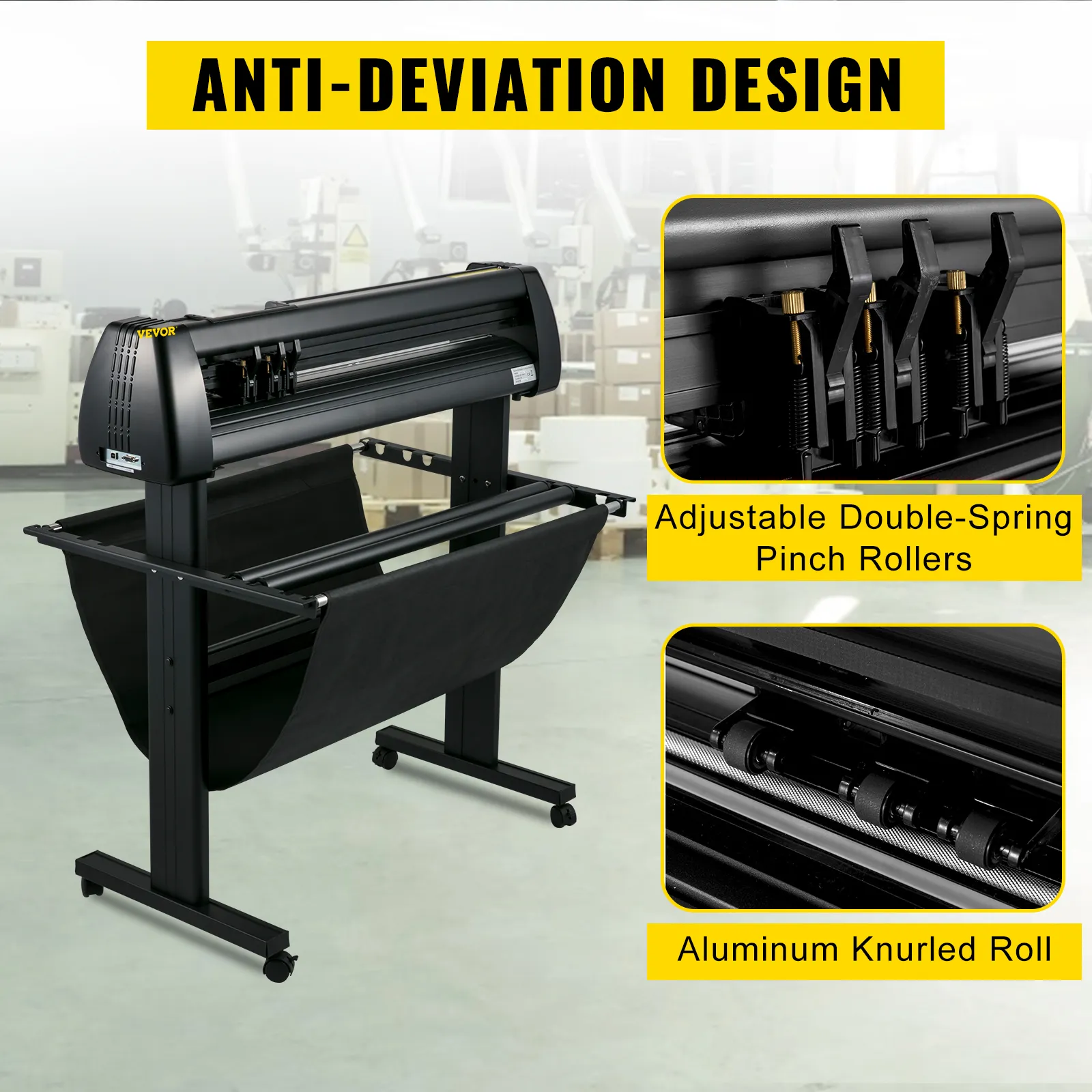 VEVOR vinyl cutter with adjustable double-spring pinch rollers and aluminum knurled roll.