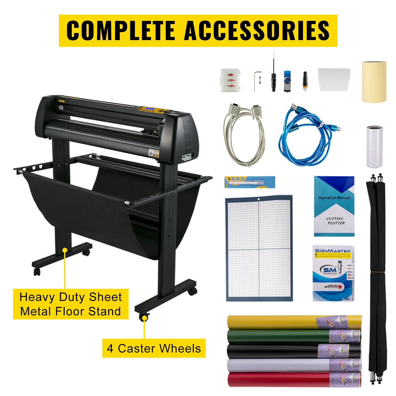 VEVOR vinyl cutter with complete accessories and heavy-duty sheet metal floor stand.