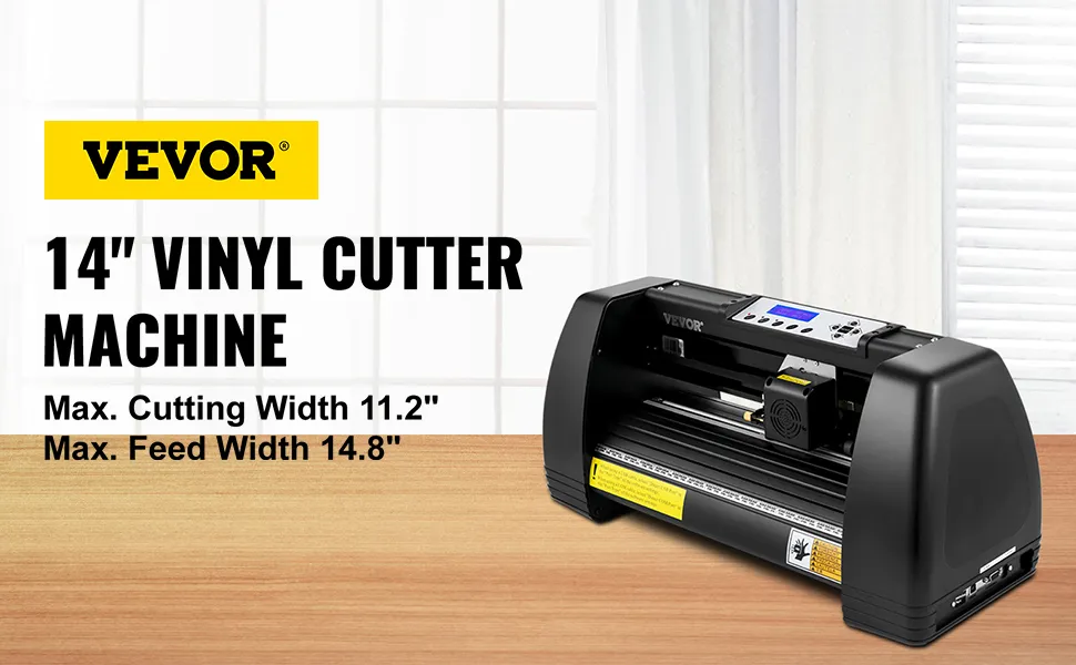 Máquina cortadora de vinilo VEVOR sobre mesa con ancho de corte máximo de 11,2" y ancho de alimentación de 14,8".