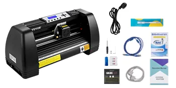 Máquina cortadora de vinilo VEVOR con accesorios, cables y materiales de instrucción.