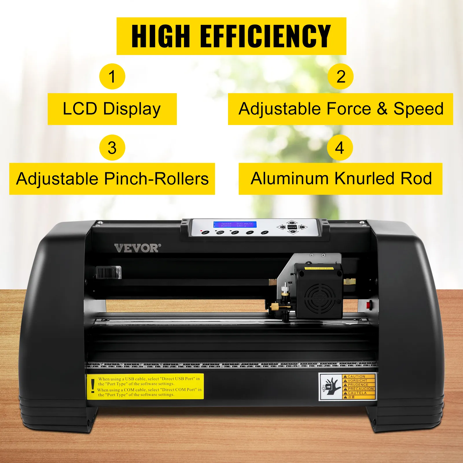 Máquina cortadora de vinilo VEVOR con pantalla LCD, fuerza ajustable, velocidad y rodillos de arrastre.