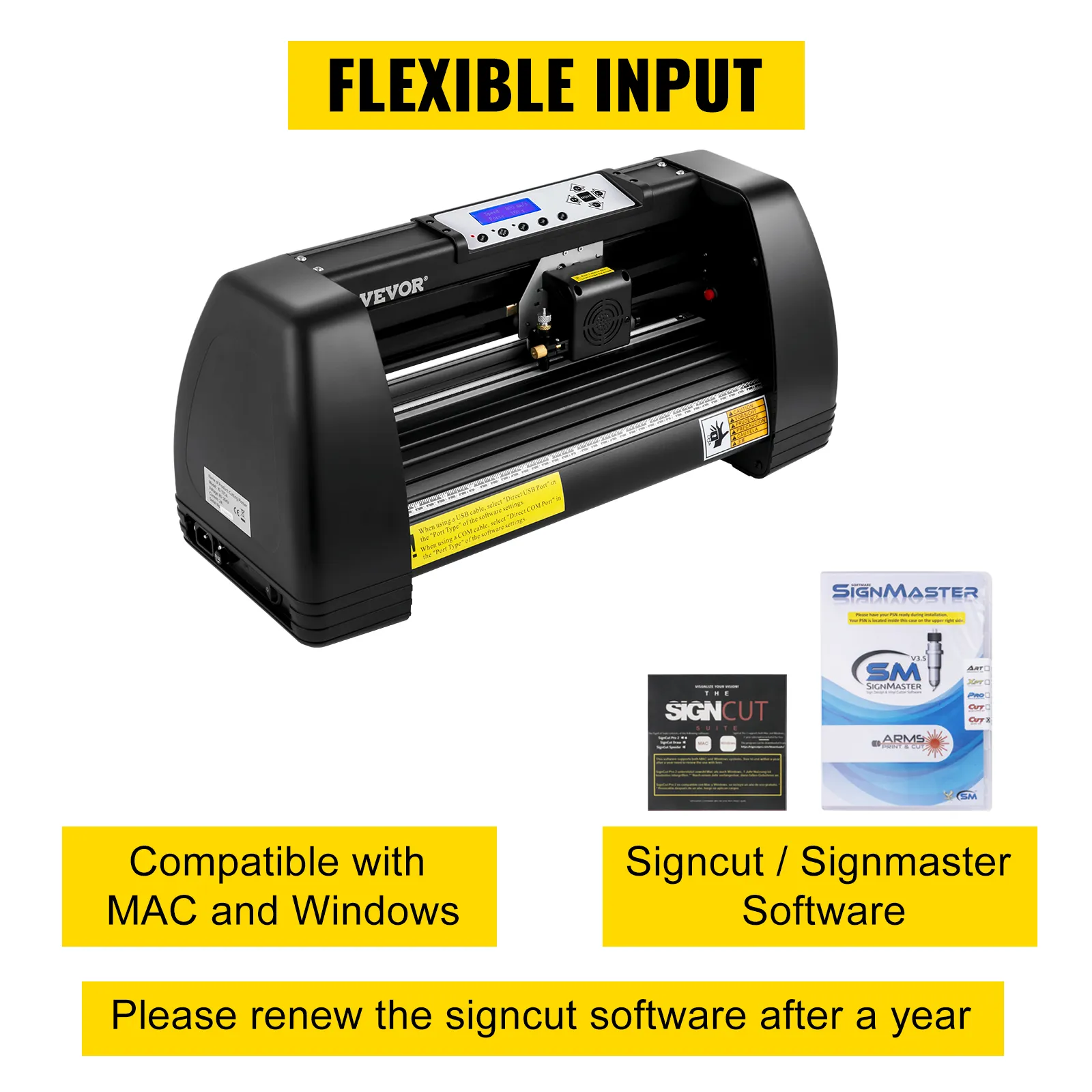 Máquina cortadora de vinilo VEVOR con entrada flexible, compatible con Mac y Windows.