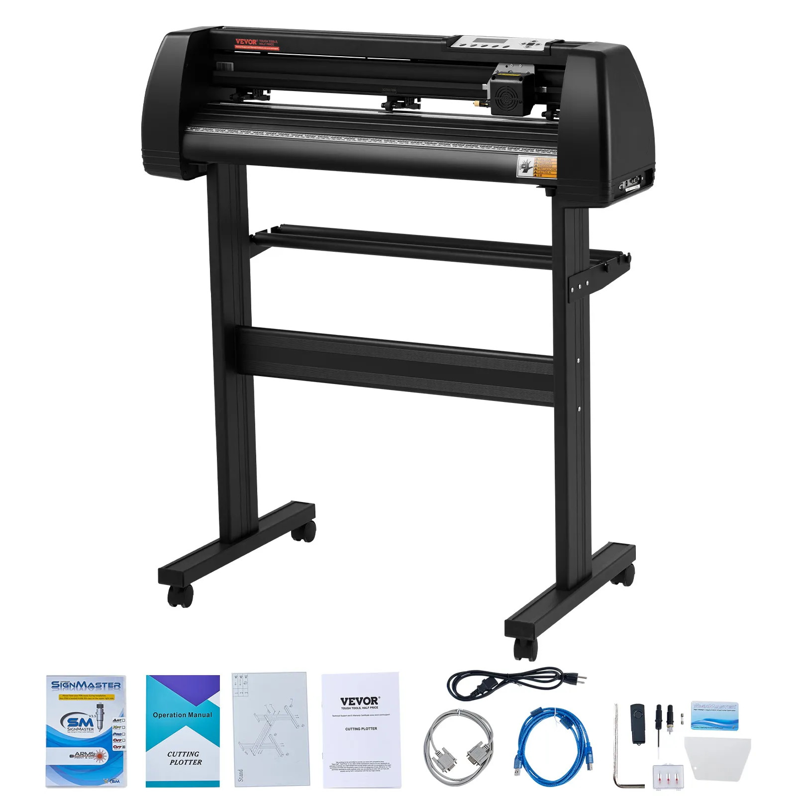 Máquina cortadora de vinilo VEVOR con soporte, software signcut, cables y manual de funcionamiento.