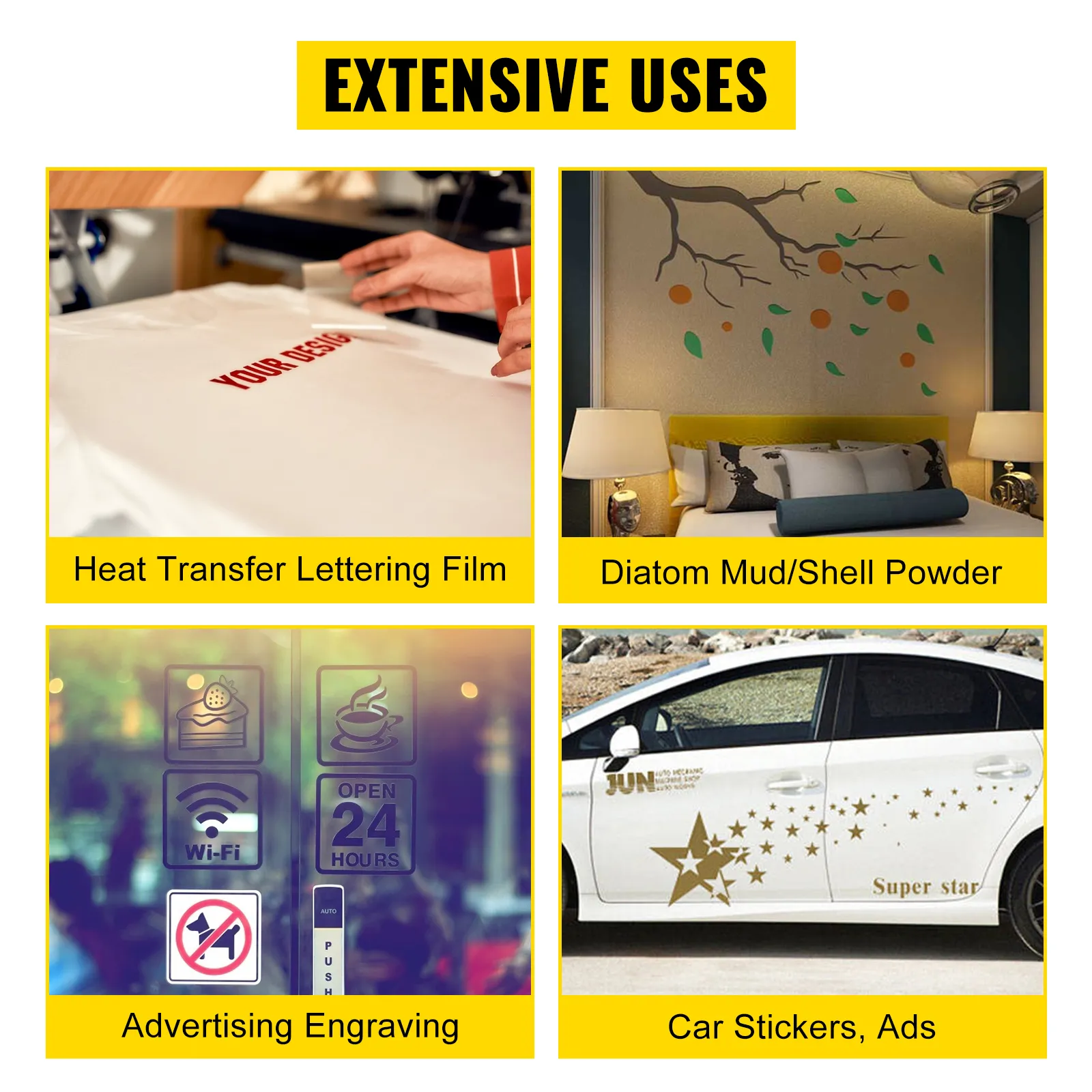 Amplios usos de la máquina cortadora de vinilo VEVOR: letras de transferencia térmica, lodo de diatomeas, publicidad, pegatinas para automóviles.