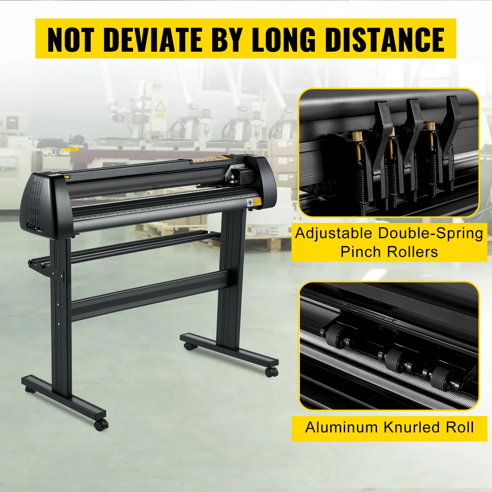 Cortadora de vinilo VEVOR con rodillos de presión de resorte doble ajustables y rodillo moleteado de aluminio en un taller.