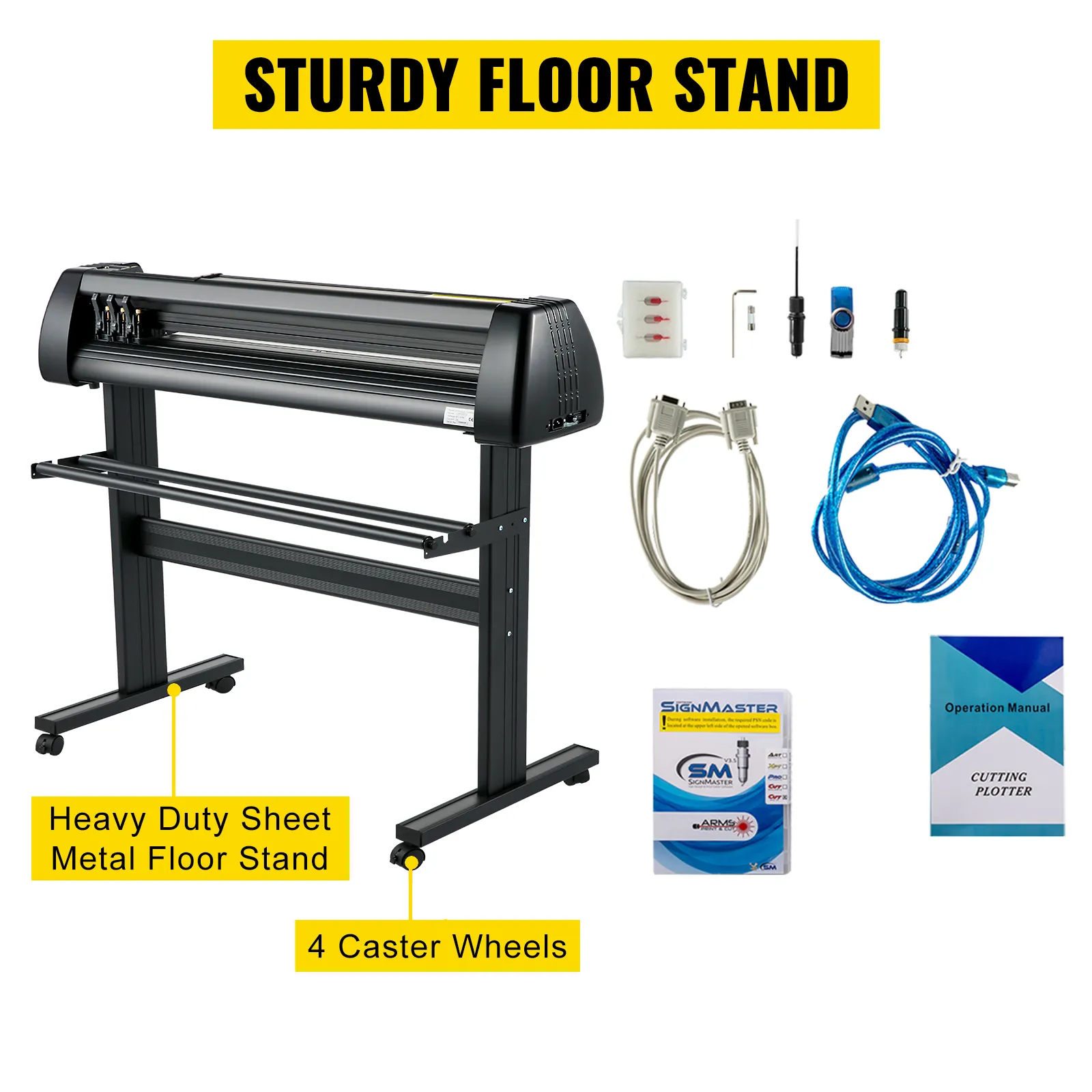 Cortadora de vinilo VEVOR con soporte de suelo resistente, ruedas giratorias, cables, software signmaster y manual de funcionamiento.