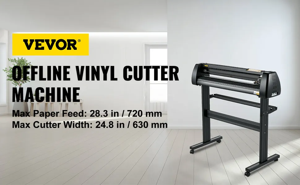 VEVOR vinyl cutter machine with max paper feed 28.3 in and cutter width 24.8 in in a modern room.