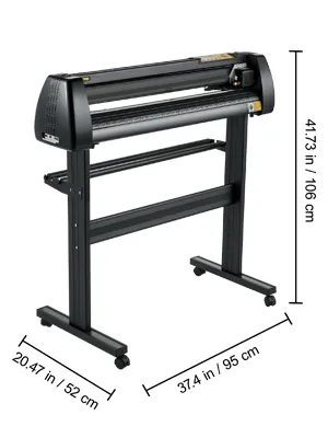 VEVOR vinyl cutter on a stand with dimensions: 37.4 x 20.47 x 41.73 inches (95 x 52 x 106 cm).