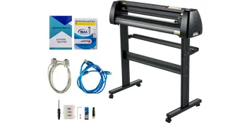 VEVOR vinyl cutter with stand, cables, user manual, and accessories for sign making.