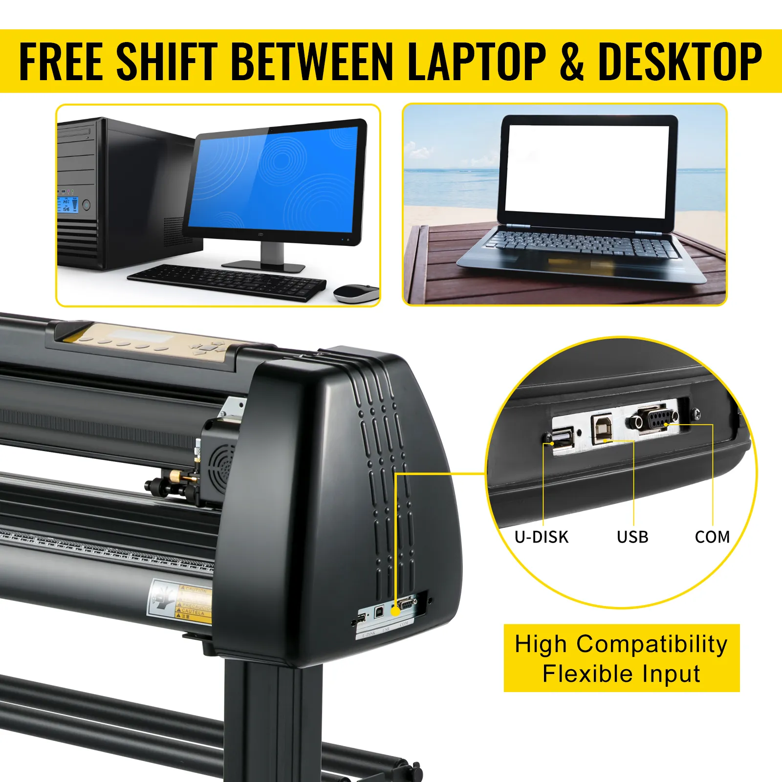VEVOR vinyl cutter compatible with laptop and desktop; features u-disk, usb, and com ports.