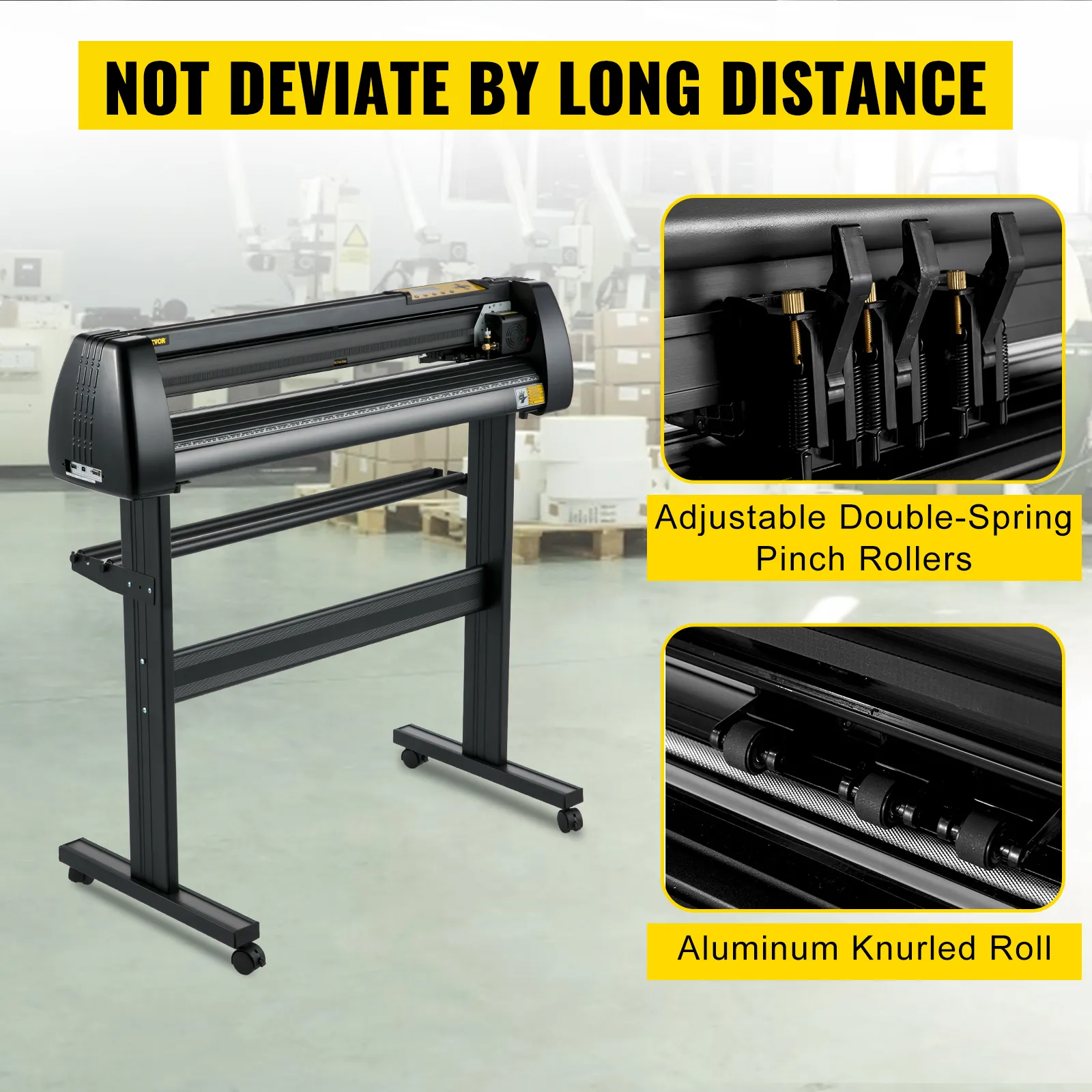VEVOR vinyl cutter with adjustable double-spring pinch rollers and aluminum knurled roll in a workshop.