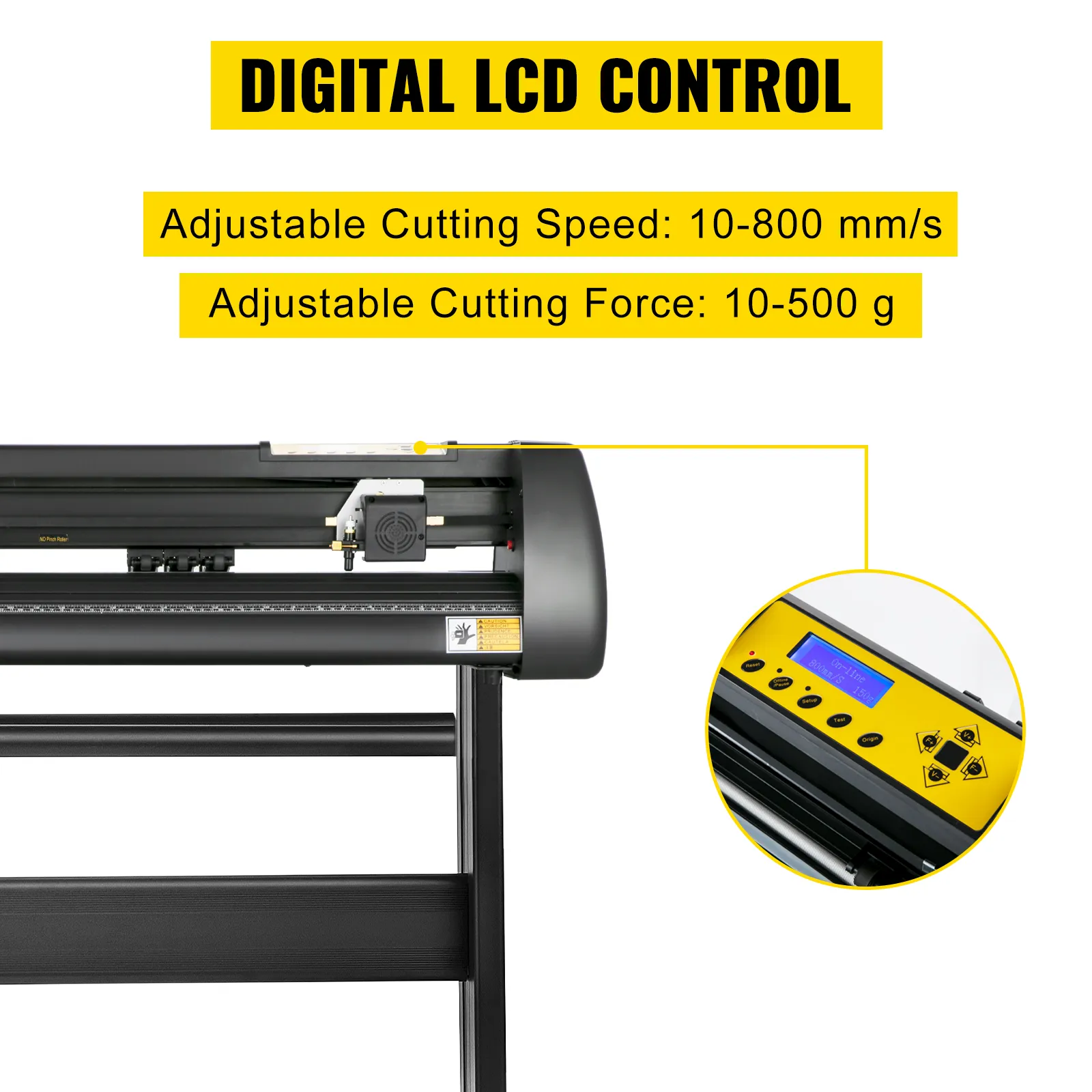 VEVOR vinyl cutter with digital lcd control, adjustable cutting speed (10-800 mm/s), and cutting force (10-500 g).