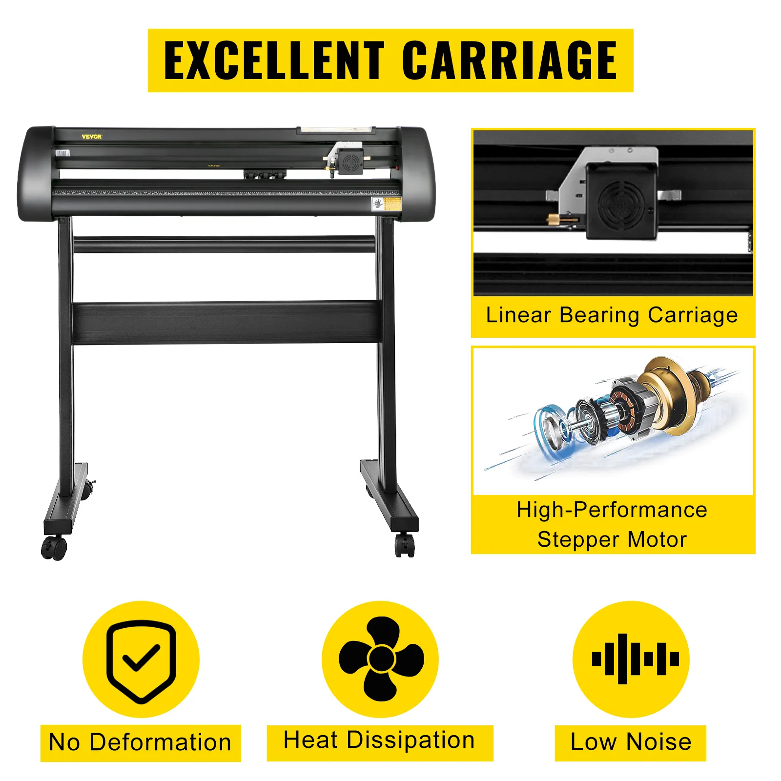 VEVOR vinyl cutter with linear bearing carriage, high-performance stepper motor, no deformation.