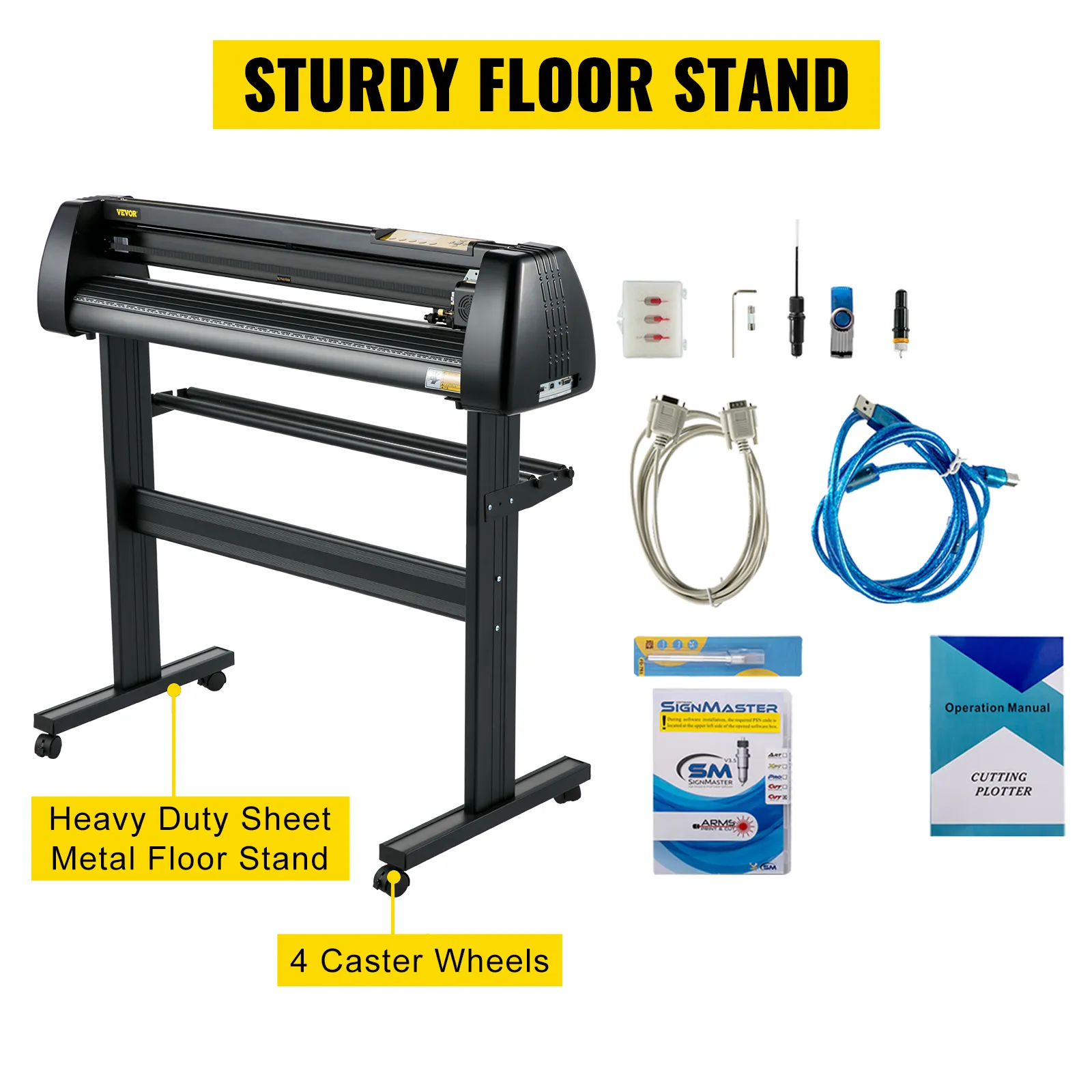 VEVOR vinyl cutter with sturdy floor stand, caster wheels, cables, cutting blades, software, and manual.