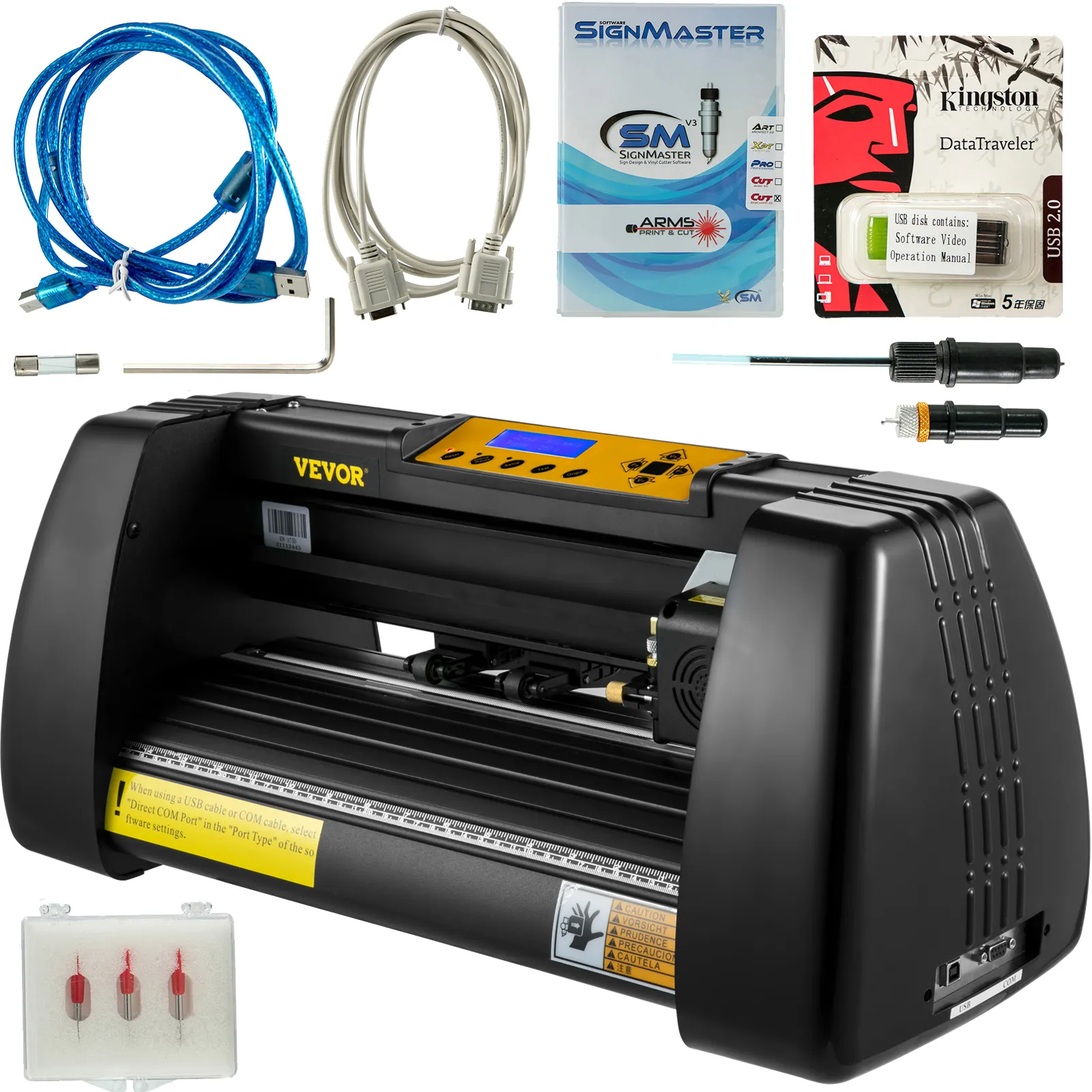 Cortadora de vinilo VEVOR con cables, software, usb y herramientas de corte adicionales.