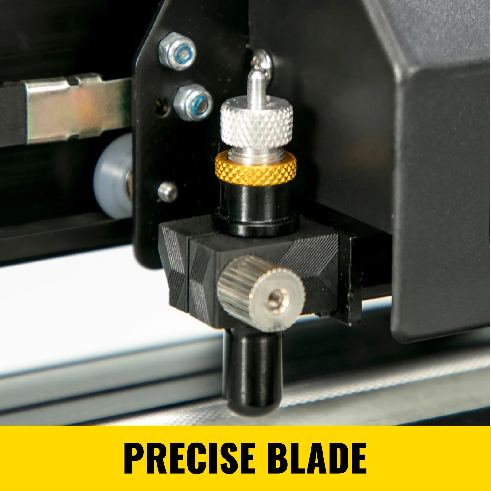 Cortadora de vinilo VEVOR con cuchilla precisa con configuraciones ajustables y primeros planos detallados.