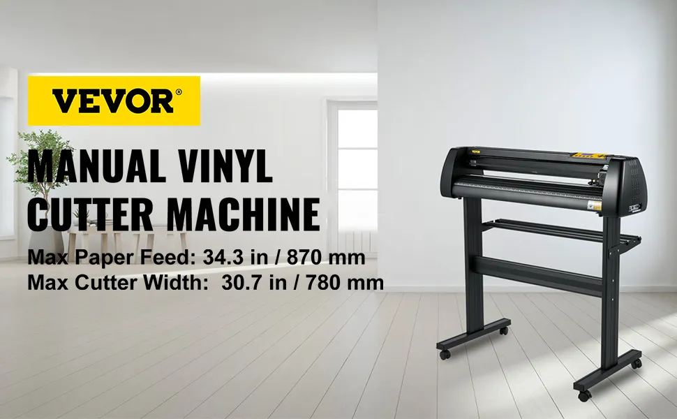 VEVOR vinyl cutter machine in a modern room, displaying max paper feed and cutter width dimensions.