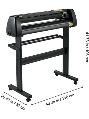 VEVOR vinyl cutter machine with stand, 43.34 in wide, 41.73 in tall, black frame.